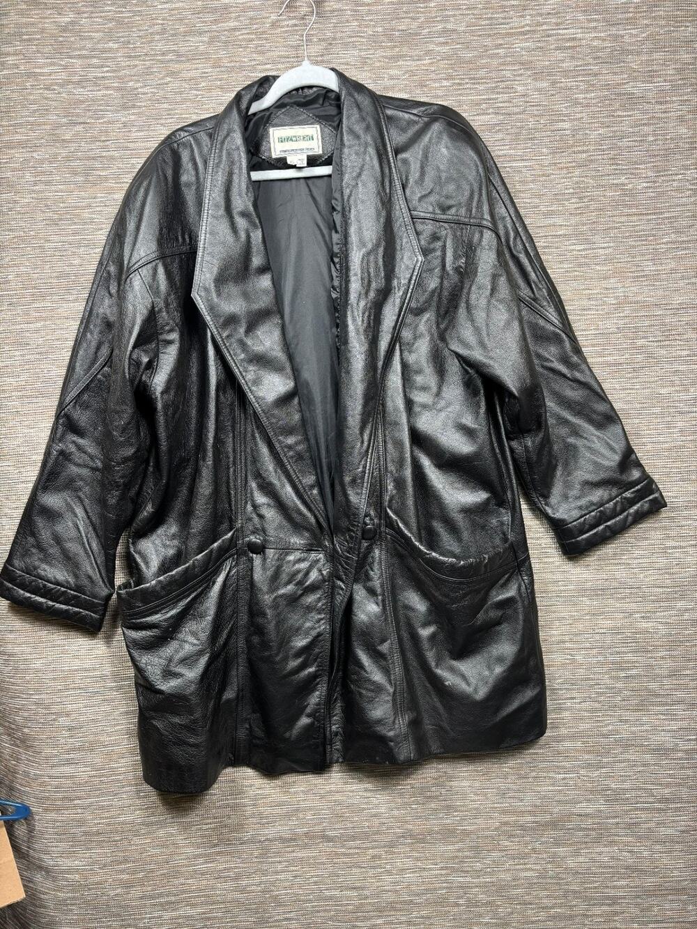 Vintage Fitz-Wright Genuine Leather Coat Jacket Womens Size XL Black Button